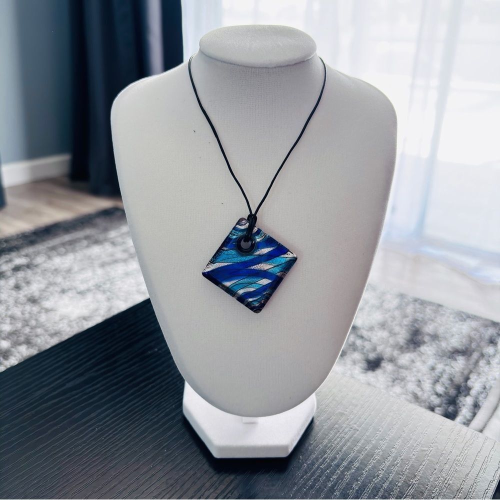 Blue Art Glass Square Pendant Necklace Adjustable Cord